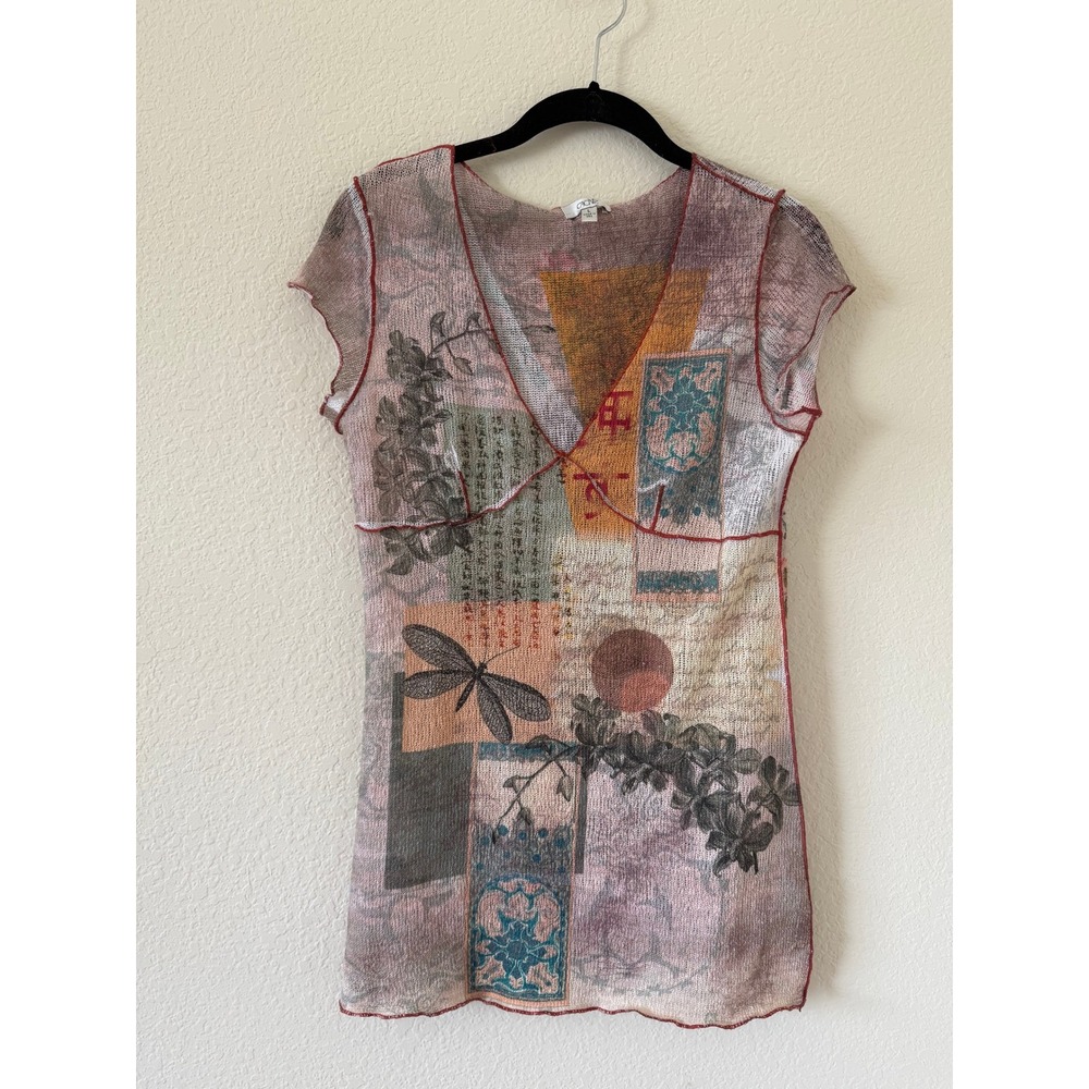 Cache Vintage Y2K Mesh Sheer Dragonfly Floral Collage Lettuce Edge Top Large
